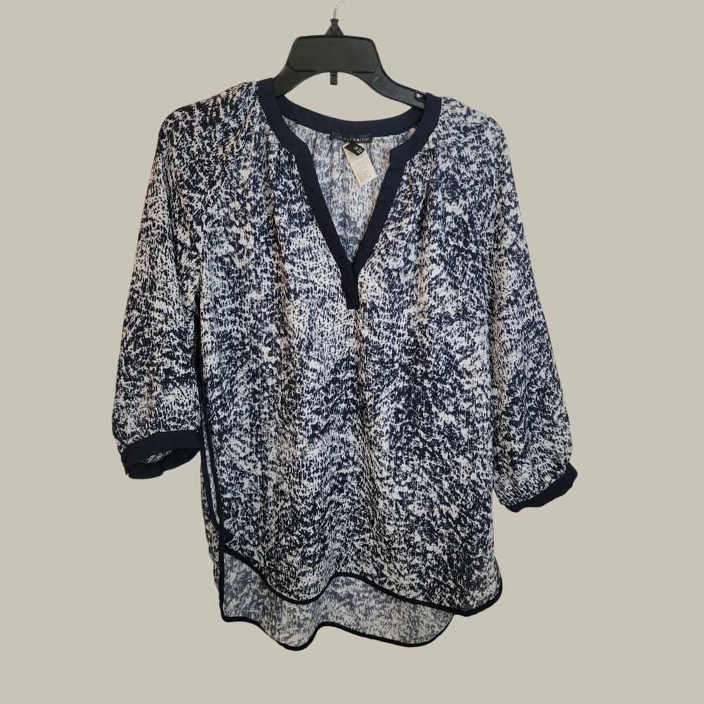 Willi Smith Tunic Blouse Minimalist Casual Split Neck Navy White Size Medium